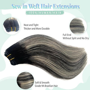 Balayage Blonde Highlight Weft Hair Extensions Human Hair Weave Extension Black Hair Balayage White Grey Highlights Sew in Hair Extensions Real Human Hair Wefts 18 Inch Hair Wefts Weave Bundles 100G