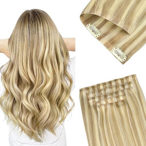 GOO GOO Invisi Edge Clip in Hair Extensions 22inch 160g 7Pcs Injected Seamless PU Clip in Hair Extensions Virgin Real Human Hair #16/22 Light Blonde Highlighted Golden Blonde