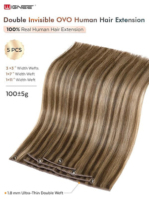 WIGNEE Double Invisible OVO Balayage Hair Extension Genius Invisible Weft with Holes 20 Inch Highlight Brown Remy Hair Extensions Real Human Hair Glueless for Thin Hair 5 PCS 100g (P4/8)
