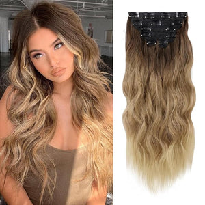 WECAN Clip in Hair Extension 24 Inch Omber Blonde 6PCS Long Wavy Curly Hairpieces for Women Natural Thick Synthetic Fiber Double Weft Hair Full Head