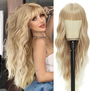 NAYOO Blonde Wigs with Bangs for Women Long Curly Wavy Hair Wigs Heat Resistant Synthetic Fiber Wigs for Daily Party Use 26 Inches (Blonde)