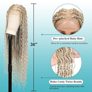 Kalyss HD Full Lace Boho Braided Wigs for Women 360 Lace Front Twist Braided Wigs with Baby Hair Blonde Premium Synthetic Knotless Braid Wig 36