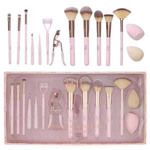14pc Ultimate Beauty Brush Collection - Full Makeup Eyelash Curler Tweezer Sponge Kit Cosmetic Tools Professional Face Eye (ROSE GOLD)