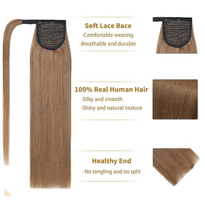 SEGO Ponytail Extension Human Hair Real Human Hair Clip In Wrap Around Long Straight Ponytail With Magic Paste Pony Hairpieces for Women -18 Inch 90g 6 Light Brown
