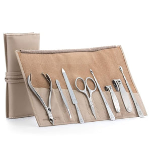 GERMANIKURE 8pc Manicure &amp Pedicure Set in Beige Leather Case - Made in Germany FINOX Stainless Steel Tools ? Professional Cuticle and Nail Care Kit