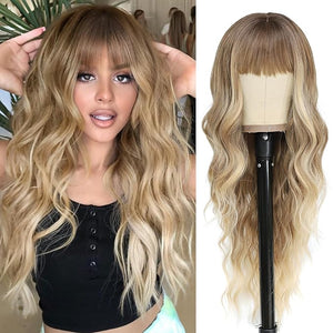 NAYOO Blonde Wigs with Bangs for Women Long Curly Wavy Hair Wigs Heat Resistant Synthetic Fiber Wigs for Daily Party Use 26 Inches (Ombre Blonde)