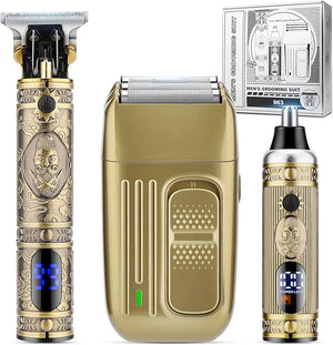 Hair Clippers for MenProfessional Cordless Barber Trimmer SetNose and Ear Hair Trimmer with Razor Replacement HeadUSB Rechargeable Hair Cutting Grooming Kit-LED Display (Gold-1)