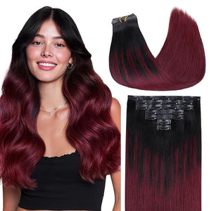 GOO GOO Clip in Hair Extensions Real Human Hair Remy Human Hair Extensions Clip ins for Women Natural Human Hair 16inch 110g 7 Pcs #1/99j Balayage Jet Black to Red Seamless Blend