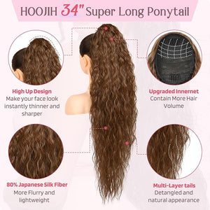 HOOJIH Ponytail Extension, 34 Inch Extra Long Drawstring Ponytail Clip in Pony Tails Hair Extension Flurry Wavy Ponytails Soft Upgraded Synthetic Fiber Fake Ponytail - Chocolate Brown