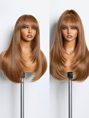 GORGIUS Brown Wig with Bangs, Long Straight Hair Layer Wig, Realistic True Scaple Glueless Bang Wig Upgraded with Style-Archive Premium Synthetic Fiber
