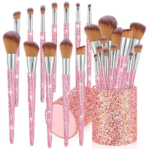 Rtteri 13 Pcs Rhinestone Pink Makeup Brushes Set Bling Crystal Professional Face Cosmetics Blending Liquid Foundation Powder Concealer Eye Shadows Make up Beauty Tool Glitter with Holder