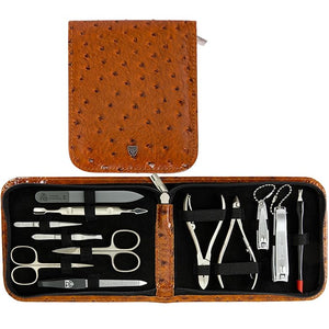 3 Swords Germany - brand quality 12 piece manicure pedicure grooming kit set for professional finger &amp toe nail care with cognac synthetic leather case - Made in Germany