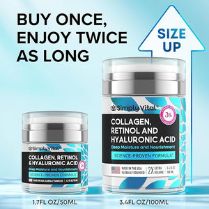 SimplyVital Collagen Retinol &amp Hyaluronic Acid Cream - Anti-Aging Retinol Cream for Face Neck &amp D?collet? - Made in USA - Daily Moisturizer Face Cream - 3.38 fl oz
