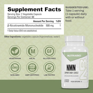 NutraBio NMN - NAD Supplement Longevity Support Boost NAD Levels Increase Cellular Energy Brain Health Healthy Aging- 60 Servings- 60 Capsules