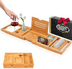 SereneLife Bathtub Tray - Expandable Bath Tray for Tub Foldable Adjustable Bamboo Caddy with Non-Slip Handles Device Holder and Wine Glass Slot for Bathing Luxury (Folding Hard Back Gift Set)