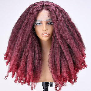 SOKU Crimp to Curl T Part Lace Front Wig Synthetic 20 Inch Red Burgundy Afro Kinky Straight with Curly End Wigs Pre-plucked Transparent Lace with Baby Hair Yaki Straight Wigs for Women
