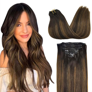 GOO GOO Clip in Hair Extensions Real Human Hair Remy Human Hair Extensions Clip ins for Women Natural Human Hair 20inch 160g 7Pcs #2/6/2 Balayage Dark Brown to Chestnut Brown