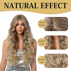 Haoland Ombre Blonde Curly Wig for Women 26 Inch Long Synthetic Wavy Wig with Bangs
