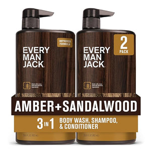 Every Man Jack Amber + Sandalwood Hydrating Mens 3-in-1 All Over Wash for All Skin and Hair Types - Body Wash Shampoo and Conditioner with Naturally Derived Ingredients - 28.8oz (2 Pack)