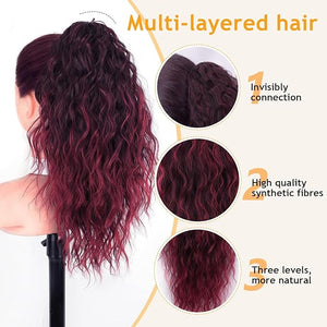 ORSUNCER Claw Clip Ponytail Extension Wavy Pony Tails Hair Extensions Layered Fluffy Clip on ponytails for Women Synthetic Hairpieces Omber Burgundy