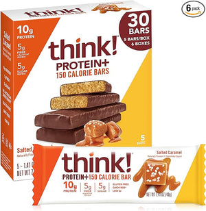 think! Protein Bars with Chicory Root for Fiber Digestive Support Gluten Free with Whey Protein Isolate Salted Caramel Snack Bars without Artificial Sweeteners 1.4 Oz (30 Count)