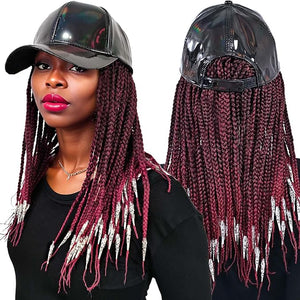14" Box Braid Hair Extensions Burgundy w/Silver Clasps, PU Baseball Cap Wig for Women Girls Easy Wear
