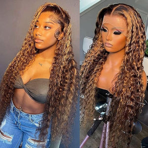 13x4 Highlight Deep Wave Lace Front Wigs Human Hair Ombre 13x4 Honey Blonde Curly Lace Frontal Wig for Women 180% Density Glueless Wigs 4/27 Color Natural Hairline 24inch