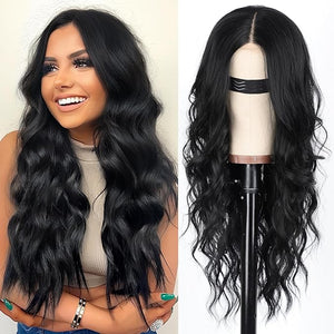 AISI HAIR Black Wig for Women Long Wavy Lace Hairline Middle Part Synthetic Heat Resistant Wig for Daily Party-26 Inch
