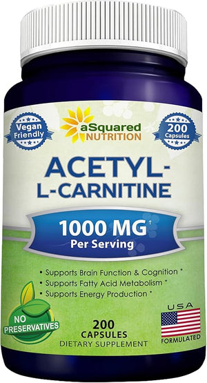 aSquared Nutrition Acetyl L-Carnitine 1000mg Max Strength - 200 Veggie Capsules - High Dosage Acetyl L Carnitine HCL (ALCAR) Supplement Pills to Support Pure Energy Brain Function &amp Fatty Acid