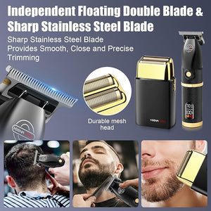 HIENA PRO Hair Trimmers and Foil Shaver for Men KitMen Professional Cordless Barbers Hair Clippers with LCD DisplayBlack Gold Zero Gapped Hair Trimmer Double Foil Shaver