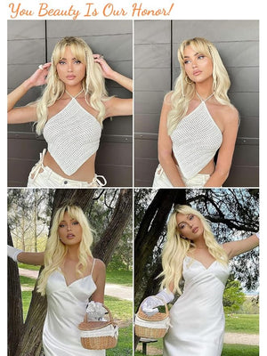 Honygebia Light Blonde Wig with Bangs - Ombre Platinum Blonde Wigs for White Women Long Straight Wavy Synthetic Heat Resistant Hair Natural Cute Wigs for Halloween/Christmas/Cosplay/Party