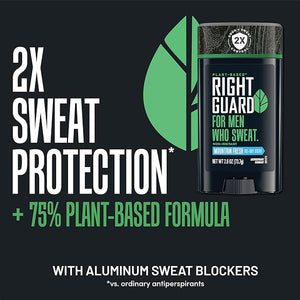 Right Guard Plant-Based Antiperspirant with Aluminum Sweat Blockers Invisible Solid Mens Deodorant Mountain Fresh Scent 2X Sweat Protection 72HR Odor Control for Sensitive Skin 2.6 oz 3pk