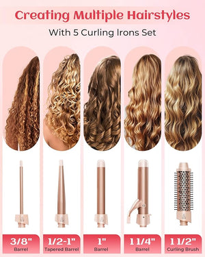 ANIEKIN 5 in 1 Curling Iron Set Fast Heat Up Curling Wand from 3/8 to 1 1/4 Inch and a Thermal Brush Come with Dual Voltage Hair Curler for Women All Hair Types and Travel Use Gifts for WomenPink