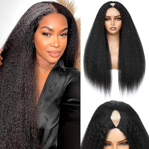 V Part Wig Human Hair Kinky Straight Human Hair Wigs Upgrade U Part Human Hair Wig for Women No Leave Out No Sew In 200% Density Natural Color 28 Inch