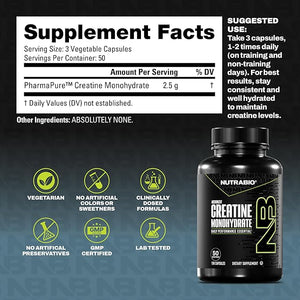 NutraBio Pure Micronized Creatine Monohydrate Capsules Creatine Pills Supports Bulk Muscle Energy Recovery and Strength - Keto Friendly Kosher Creatine Nutritional Supplement for Men and Women
