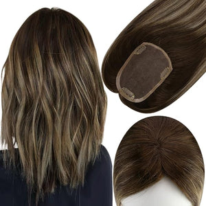 Full Shine Hidden Crown Hair Extensions 3 * 5inch Topper Balayage Brown Fading to Blonde Ombre Hair Topper Clip ins Add Length 14 Inch