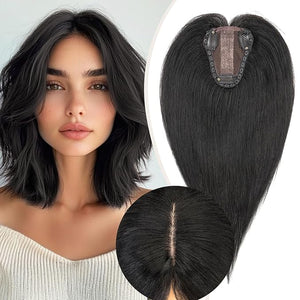 Rich Choices Hair Toppers for Women Real Human Hair 150% Density Clip in Silk Base No Bangs 100% Human Remy Toppper Realistic Scalp Pieces for Women with Thinning Crown 14 Inch #01 Jet Black