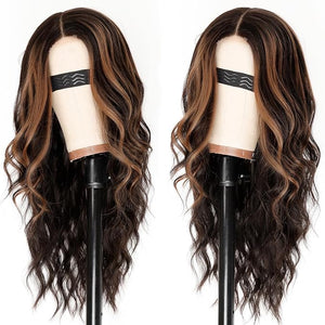 AISI HAIR Dark Brown with Highlights Wig for Women Long Wavy Lace Hairline Middle Part Synthetic Heat Resistant Wig for Daily Party-26 Inch