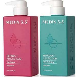 Medix 5.5 Exfoliating AHA Glycolic Acid Face &amp Body Wash Cleanser + Retinol Moisturizing Body Cream Lotion Skin Care 2PC Set | Alpha Hydroxy Acid &amp Lactic Acid Foaming Face Wash 2-PC