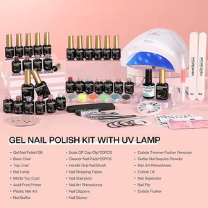 Morovan Gel Nail Polish Kit: 28 Colors Gel Nail Polish Set with U V/LED Light Macaron Nude Pink Gel Polish Nail Art Decorations Manicure Tools DIY Salon Home Gifts Tape