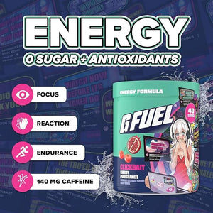 G Fuel Clickbait Energy Drink Powder Pre Workout Caffeine Mix for Gaming Sugar Free Focus Amino Vitamin + Antioxidants 9.8oz (Cherry Pomegranate 40 Servings)