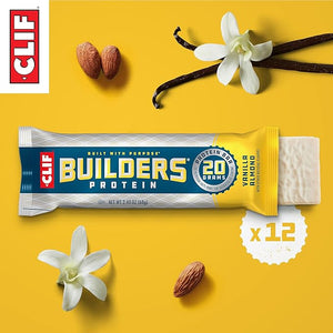 CLIF BUILDERS Protein Bars - Vanilla Almond Flavor - 20g Plant Based Protein - Gluten Free - Non-GMO - Low Glycemic - No Artificial Sweeteners - 2.4 oz. (12 Pack)
