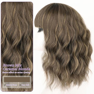 AISI HAIR Synthetic Wavy Curly Bob Wig with Bangs Brown mix Caramel Blonde Short Hair for Women Synthetic Heat Resistant Bob Wigs