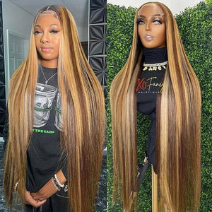 Metamuclia Honey Blonde 13X4 HD Lace Front Wig Human Hair Highlight Straight Lace Frontal Wigs Human Hair Pre Plucked 26 Inch 180 Density Ombre Wigs for Women P4/27 Colored Glueless Wig with Baby Hair