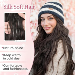 SEGO Beanie Wig for Women Hat with Hair Extensions Cap with Hair Attached for Women Synthetic 18 Inch Wavy Curly Hairpiece Winter Warm Blue and White Knitted Hat Wigs 18P613