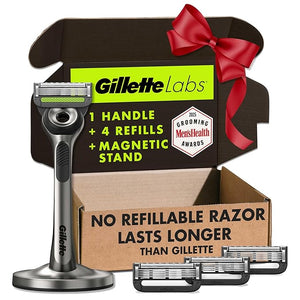GilletteLabs with Exfoliating Bar by Gillette Razor for Men - 1 Handle 4 Razor Blade Refills Holiday Gifts for Men Includes Premium Magnetic Stand