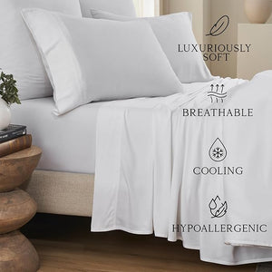 KARISSA MAE Cooling Bamboo Viscose King Size Sheet Set | 100% Organically Grown | 18¡± Deep Pocket | Silky Soft &amp Hypoallergenic | with Organizer Band &amp Elastic Corner Straps [White]
