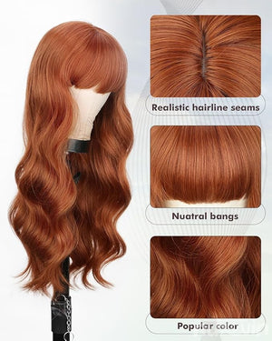 Brown Long Wavy Wigs Real Human Hair with Bangs for Party Daily Use Heat Resistant Breathable Capless Lightweight Tangle Free (Auburn,26 Inch)