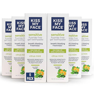 Kiss My Face Sensitive Toothpaste Gel, Citrus Mint Gel, Protection for Sensitive Teeth and Gums, with Tea Tree Oil, Aloe and Iceland Moss, Fluoride Free, Vegan, 4.5 oz, 6 Pack