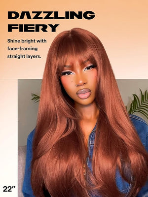 GORGIUS Copper Red Wig with Bangs 24 Inch Long Straight Layered Wig Glueless Curtain Bang Wigs with Realistic Lace Scalp Put On &amp Go Bangs Wig For Beginner